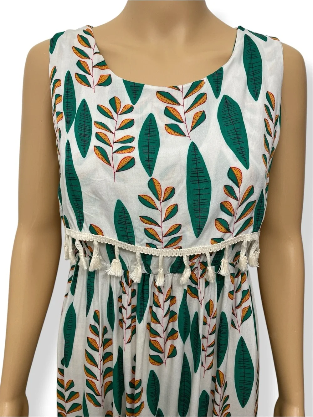 Cotton Sleeveless Leaf Print Tassel Hem Summer Mini Dress - White/Green size S - Picture 2 of 7